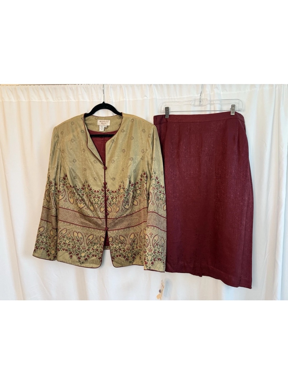 Adrianna Papell Burgundy Skirt with Paisley-Print Green Jacket Set